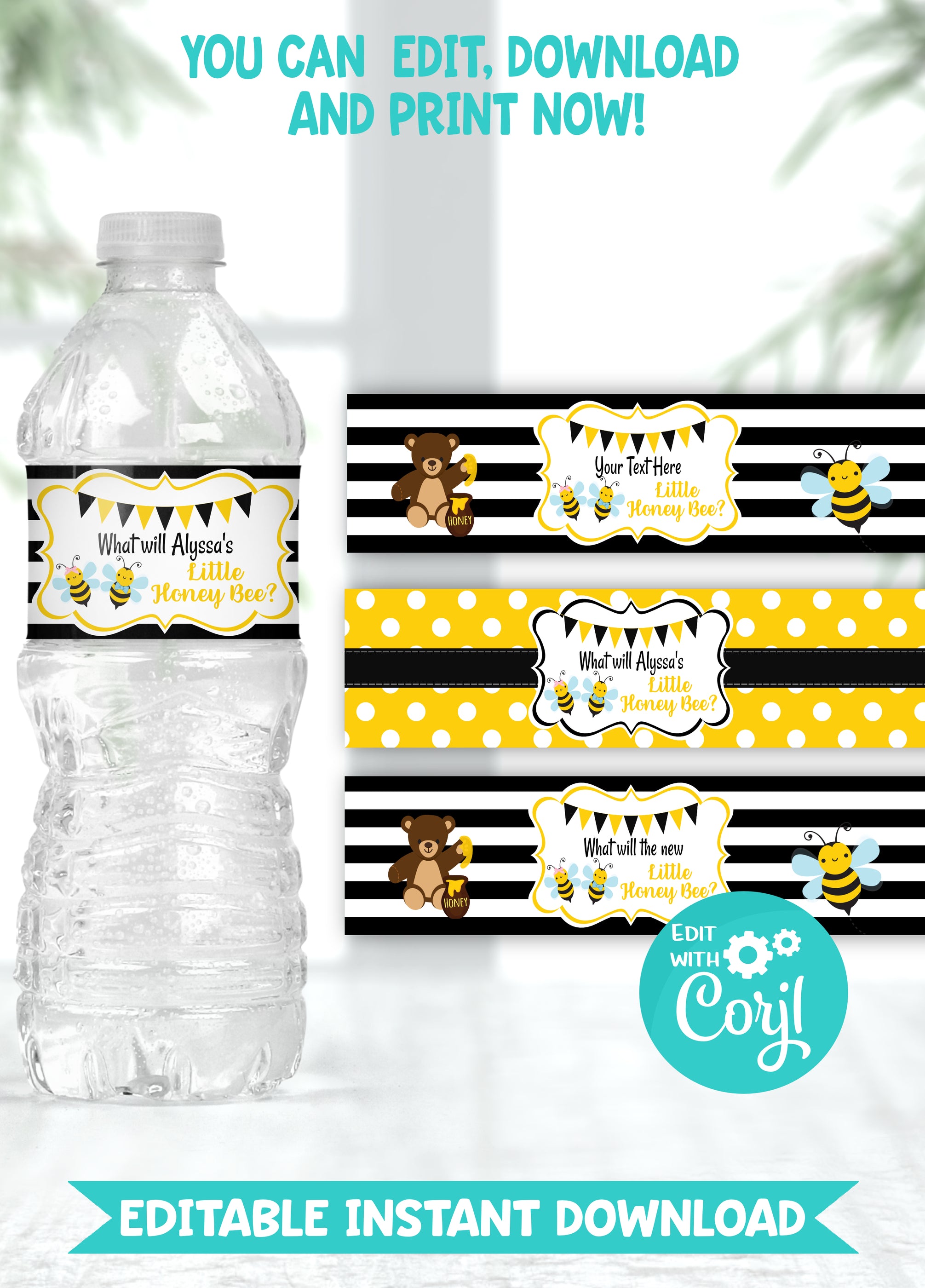 Editable Instant Access/Download Baby Bee Gender Reveal Water Bottle L ...