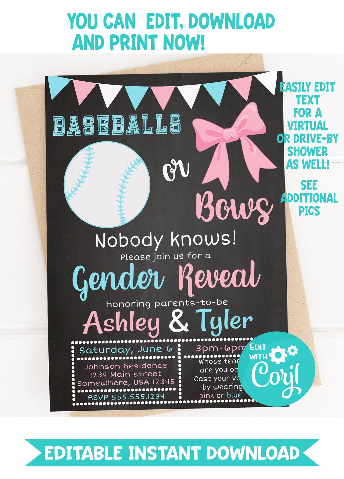 Gender Reveal Invitation, Editable Baby Baseball Ticket Invite, Baby S