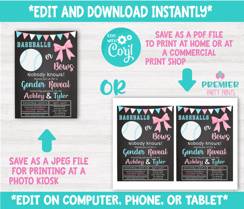 Editable Instant Access/Download Baseball or Bows Gender Reveal Invitation Version 1