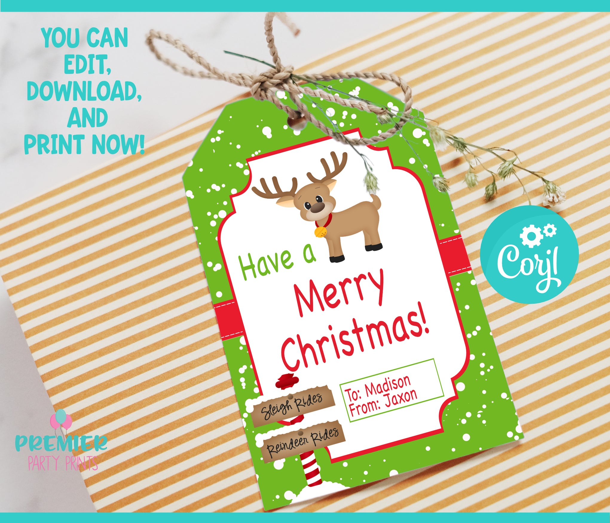 Editable Instant Access/Download Christmas Reindeer Gift Tags-CGT001 ...