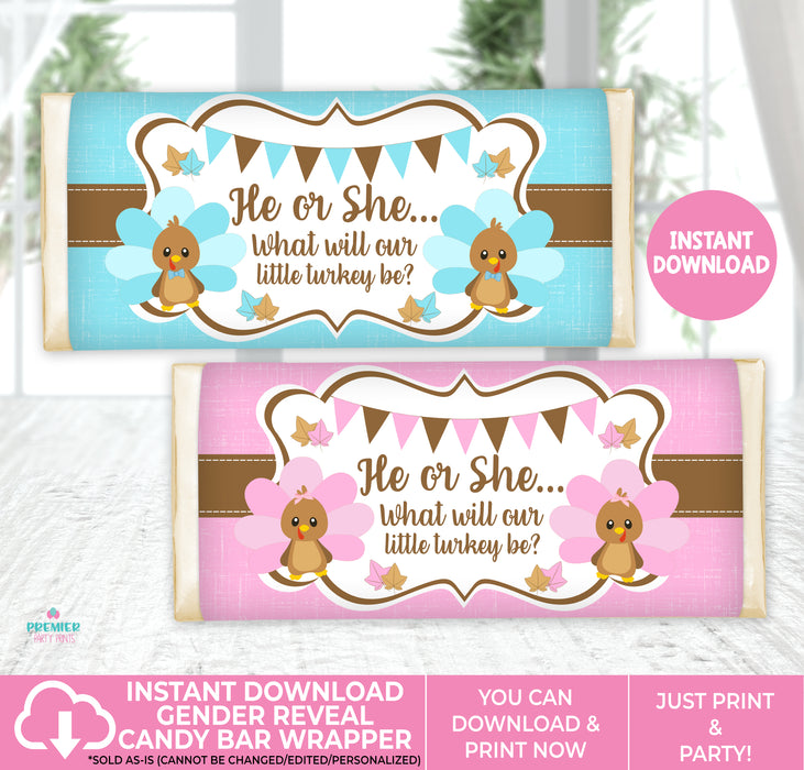 Editable Instant Access/Download Little Turkey Thanksgiving Gender Reveal Candy Bar Wrapper Vers 2-GR028