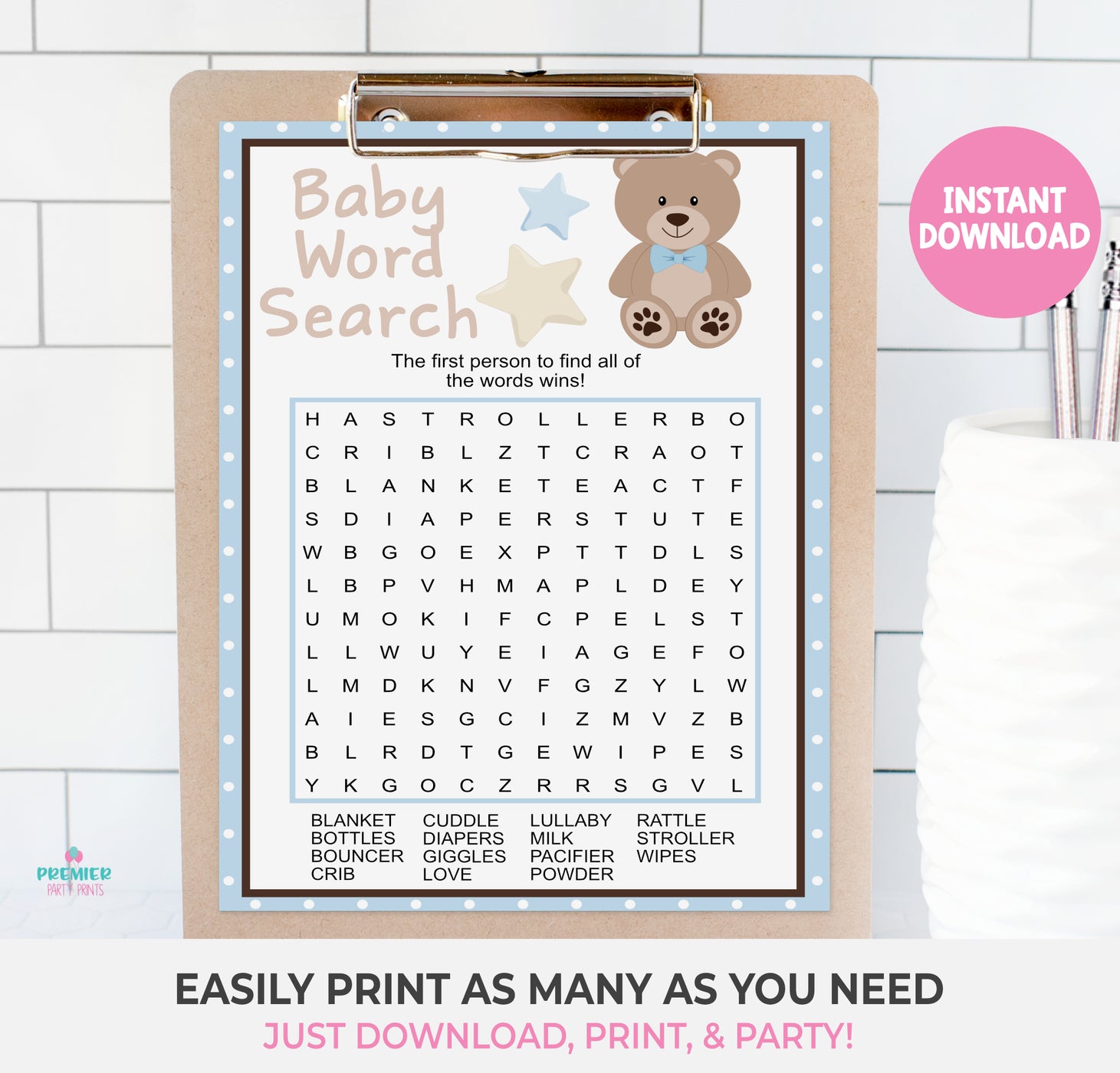 Instant Download Blue Teddy Bear Baby Word Search Baby Shower Game-BS0 ...