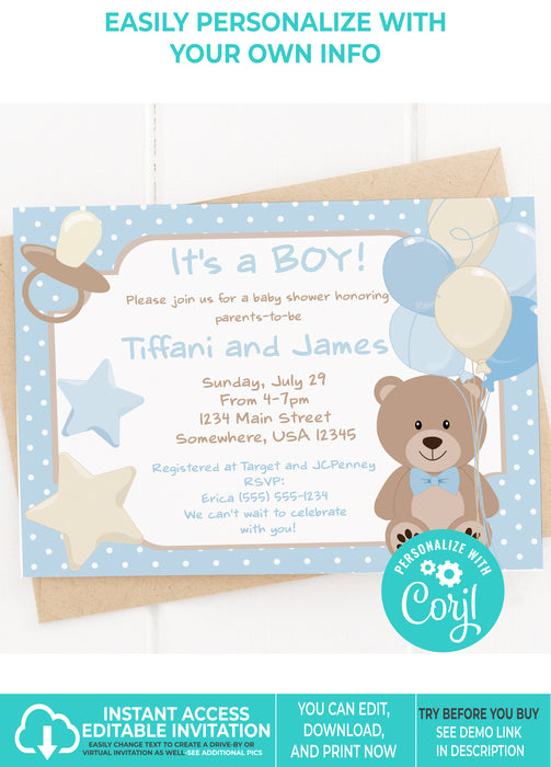 Editable Instant Access/Download Blue Teddy Bear Baby Shower